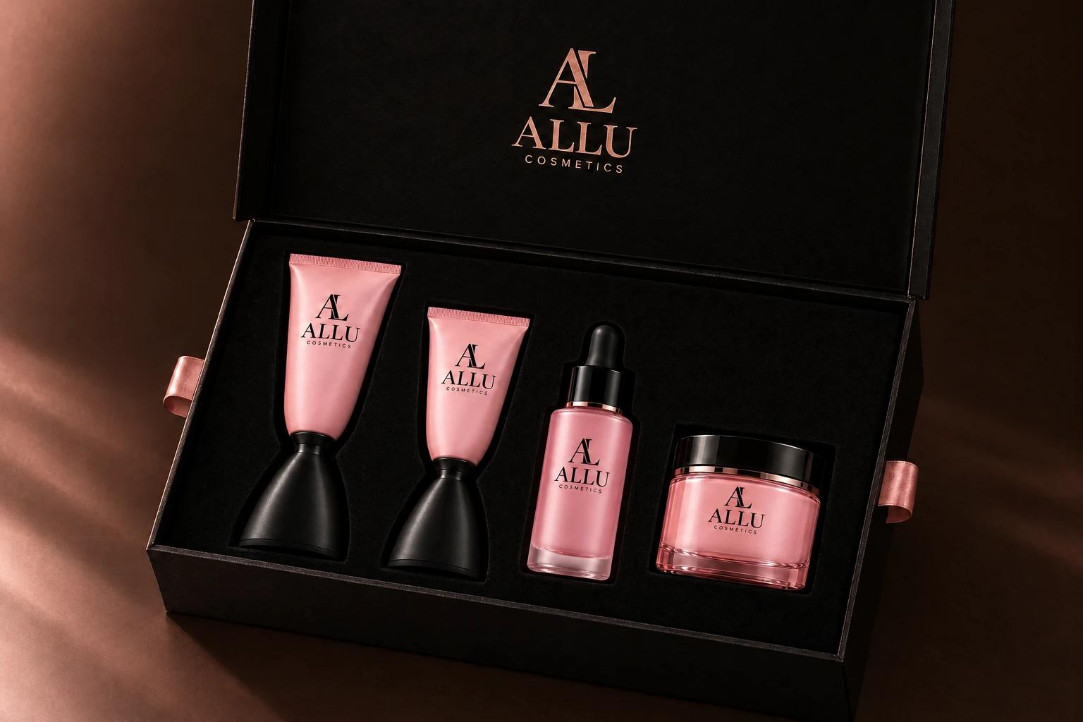All four Allu products held in individual fitted inserts inside a branded matte-black gift box